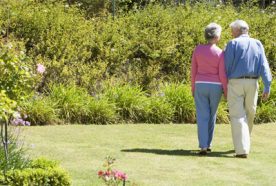 An older couple walking through a green garden with flower beds