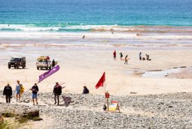 Brown polluted water in the sea at Godrevy beach