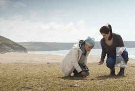 Researchers collect samples from a beach in Cornwall