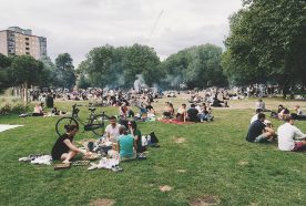 people sit on grass in a green city park