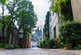 A leafy urban street with a gothic cathedral in the background and overcast yet bright skies.